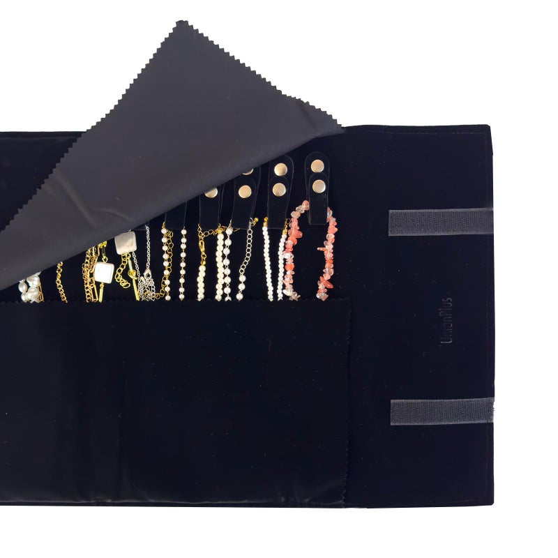 UnionPlus Velvet Travel Jewelry Roll Bag Organizer for Necklace, Elastic Band and Anti-winding, Black - Image 5